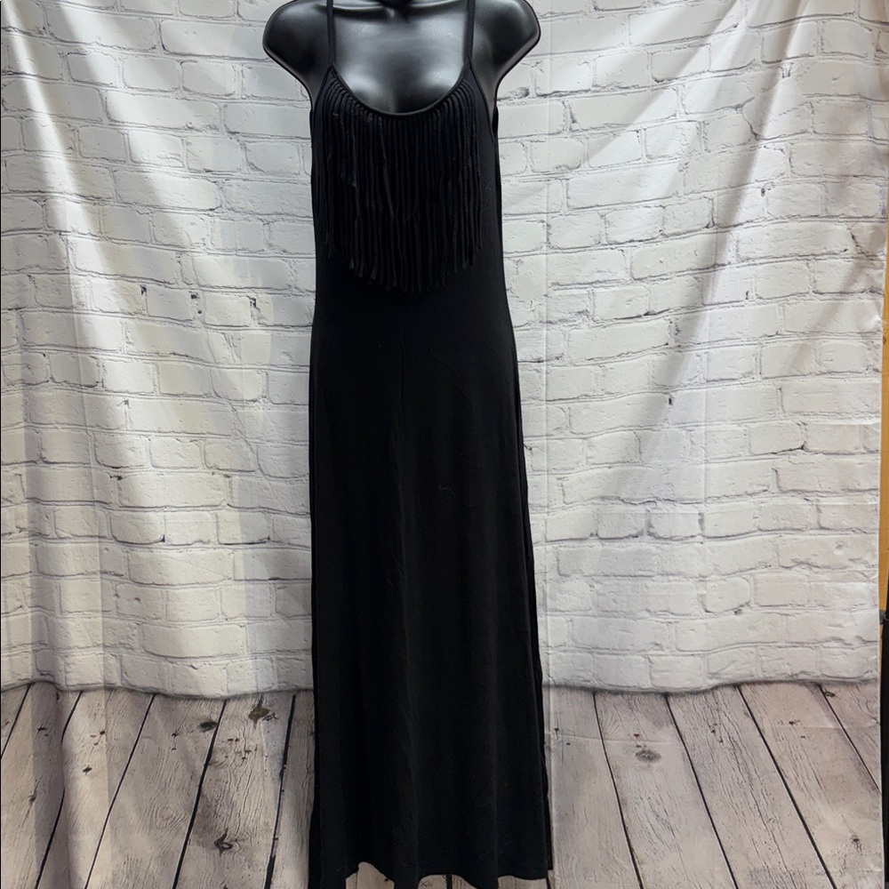Black Halter Sheath Maxi Dress with fringes by Wasabi & Mint